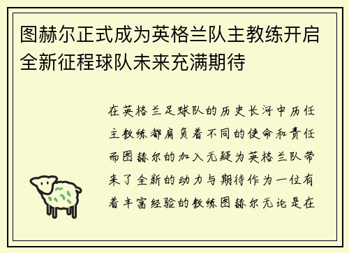 图赫尔正式成为英格兰队主教练开启全新征程球队未来充满期待 图赫尔正式成为英格兰队主教练开启全新征程球队未来充满期待